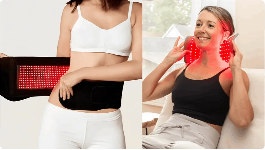 Woman using Glokore Therapy Wrap for back pain relief at home