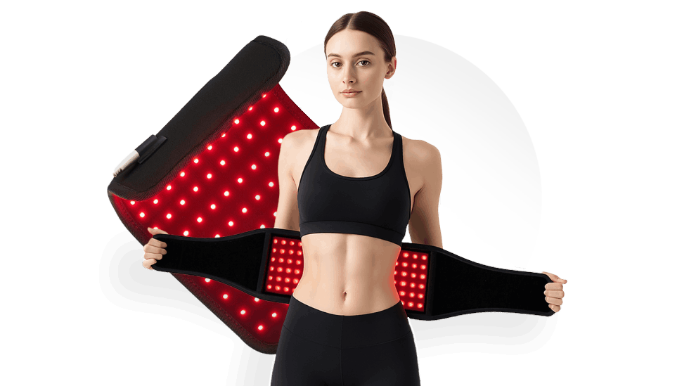 Woman wearing Glokore Red Light Therapy Wrap for pain relief and muscle recovery